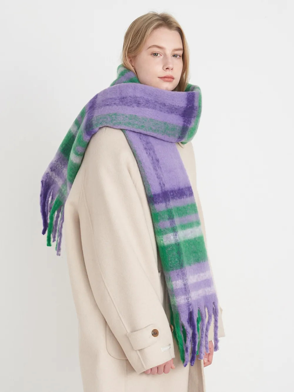 Women Plaid Fringe Scarf