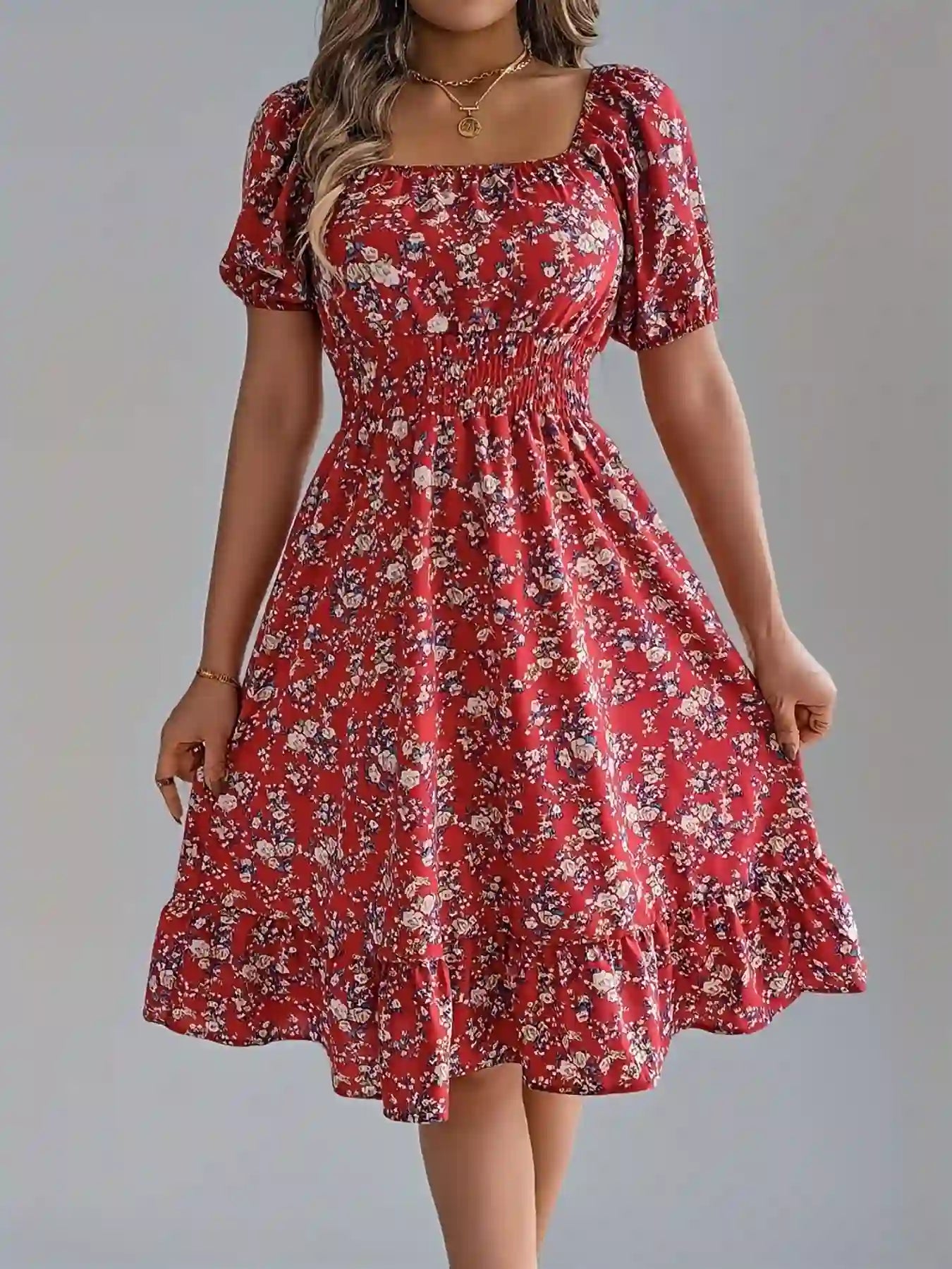 Short Sleeve Floral Midi Dress Red