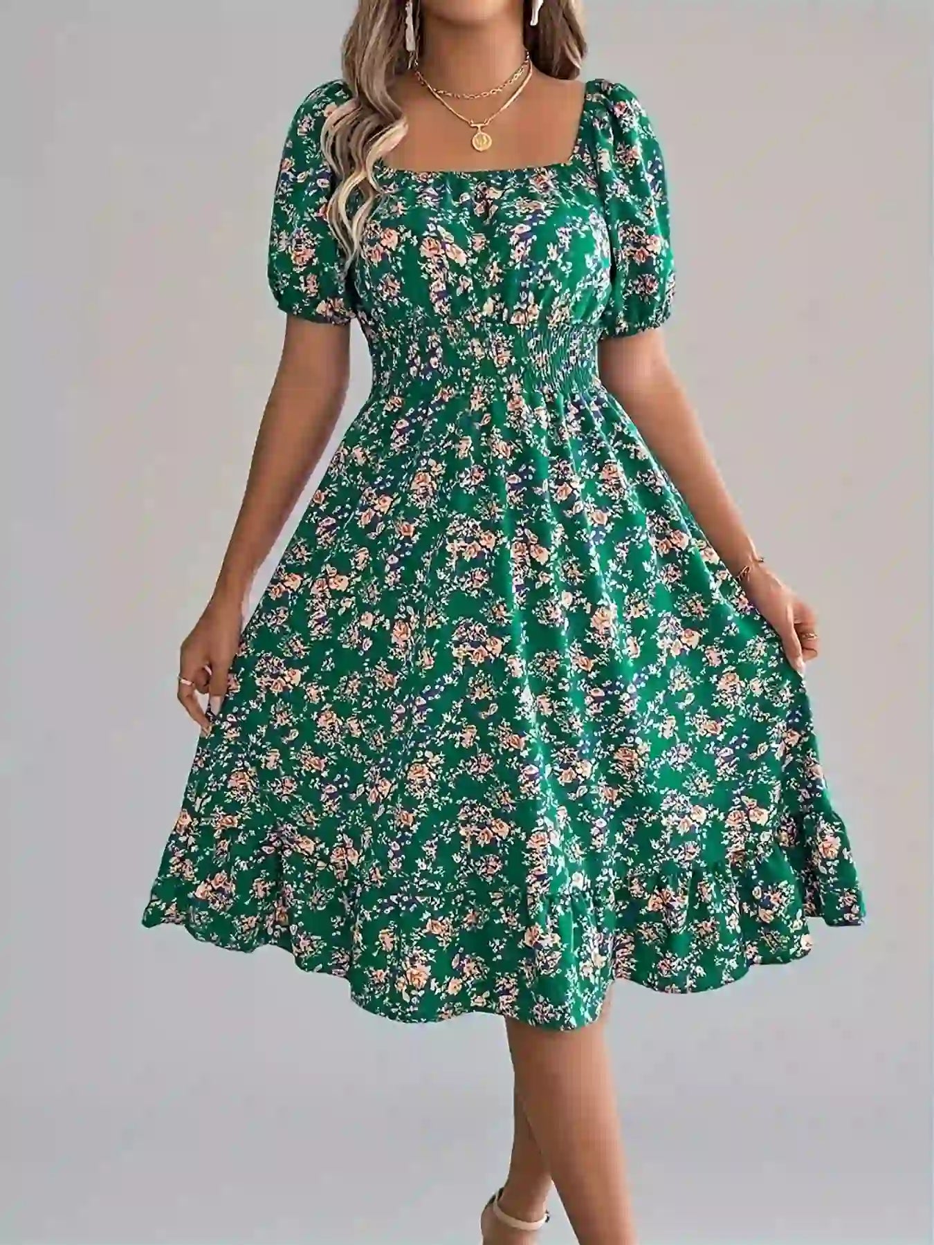 Short Sleeve Floral Midi Dress Green