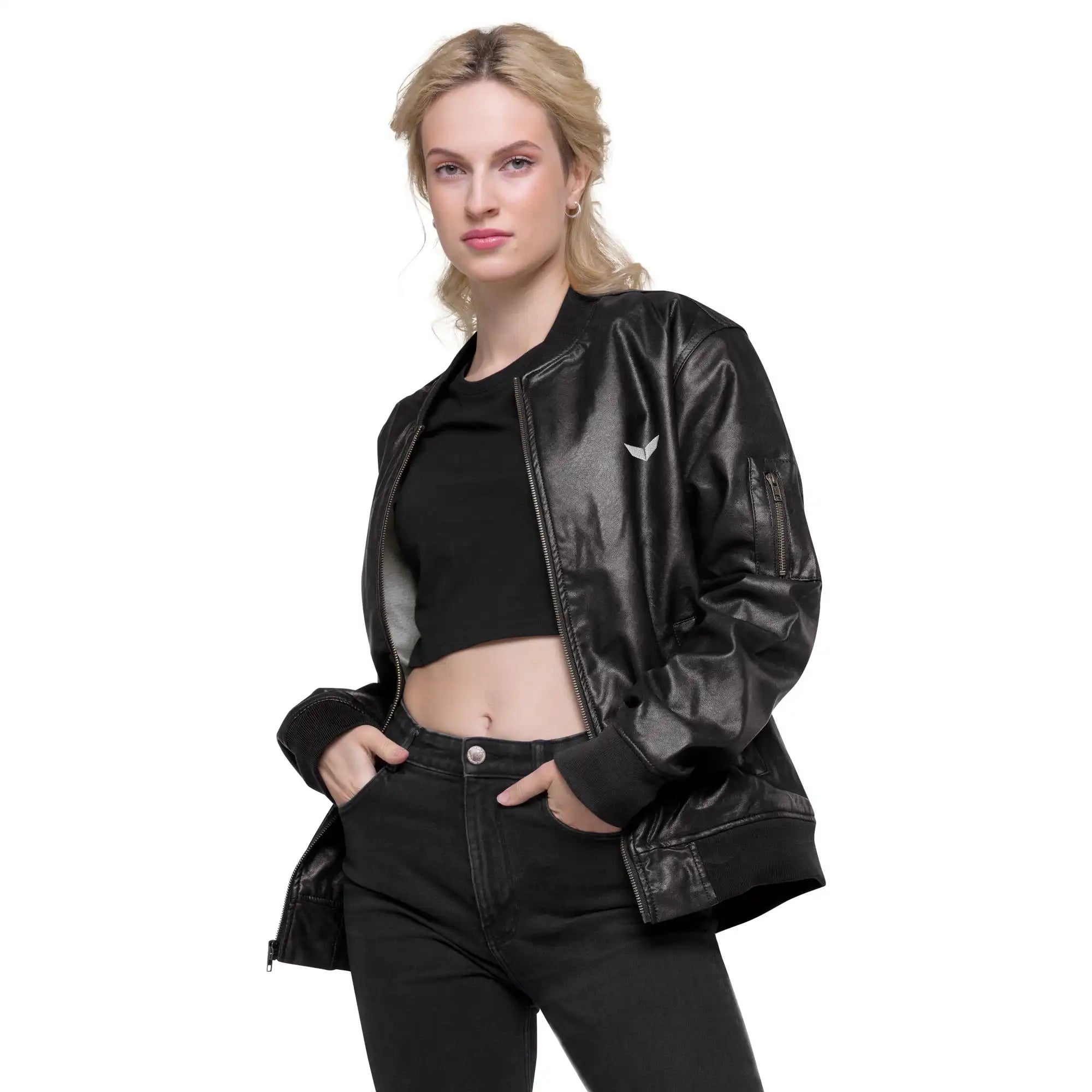 Black Leather Bomber Jacket Women