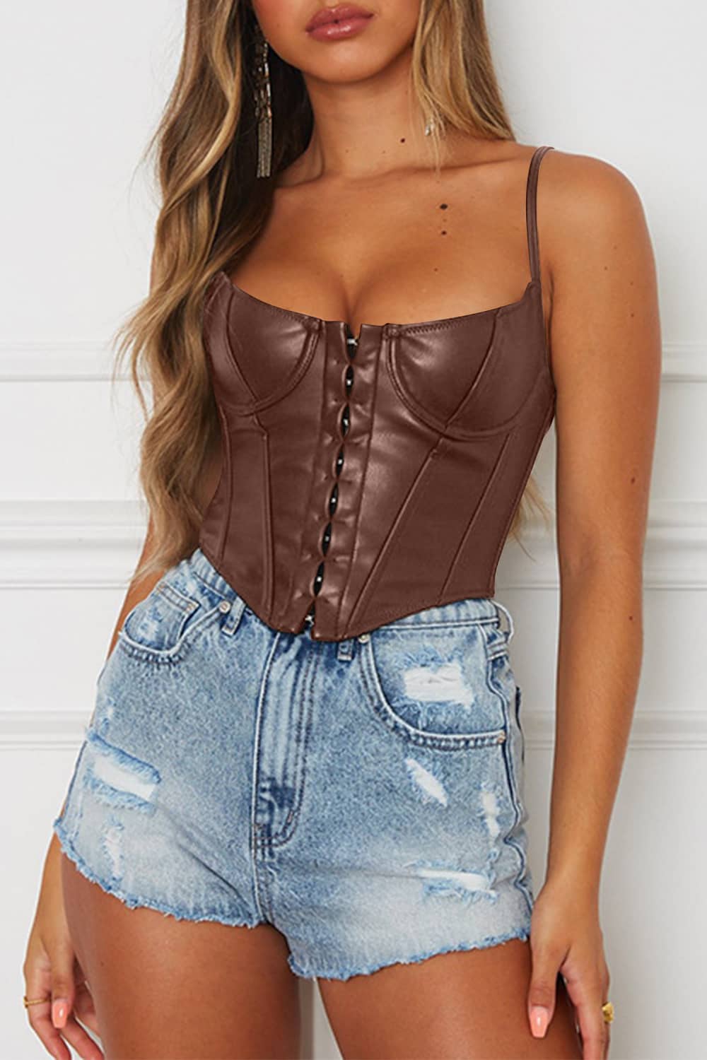 leather corset top with straps Brown