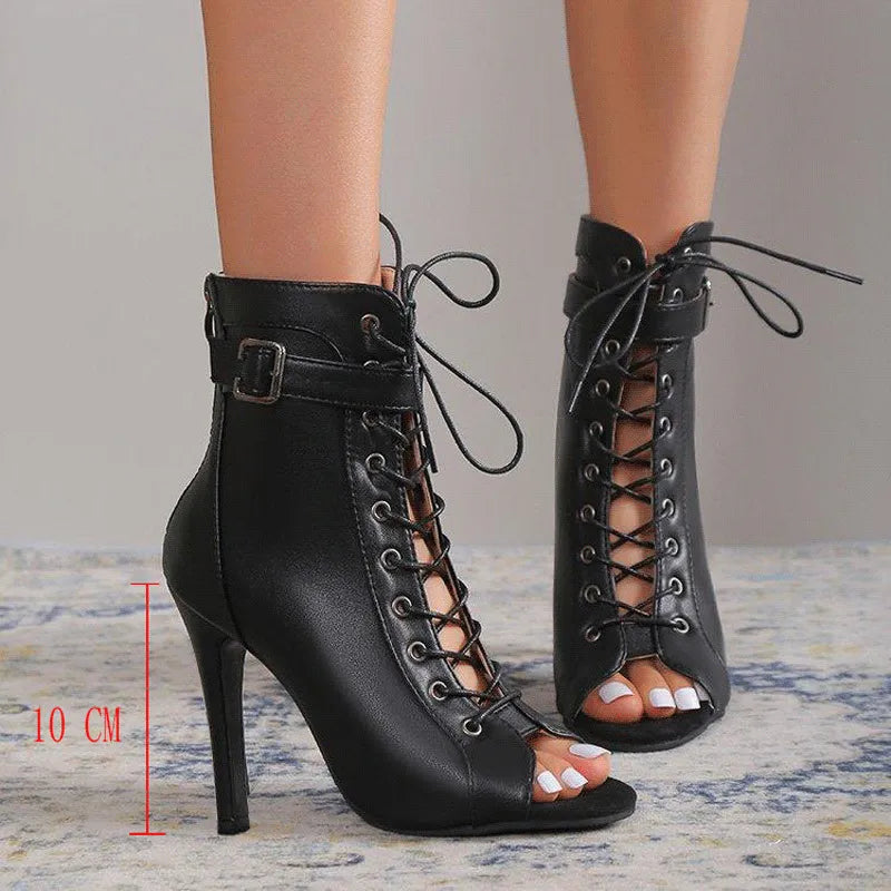 Women Black Lace Up Heeled Sandals