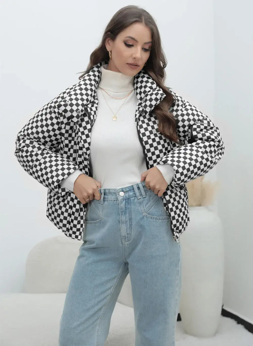 Women's Checkered Puffer Jacket