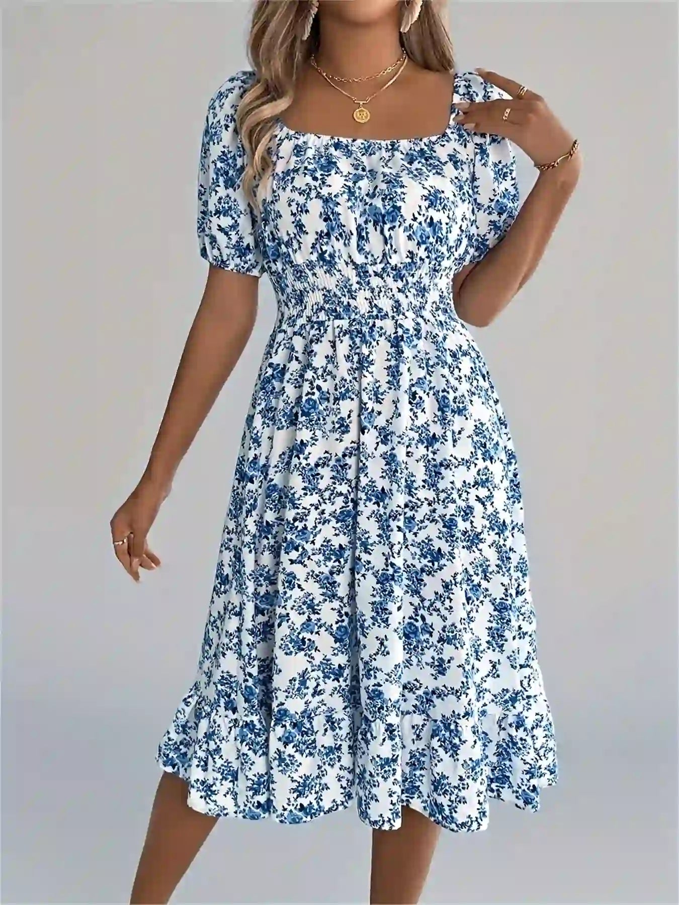 Short Sleeve Floral Midi Dress Blue
