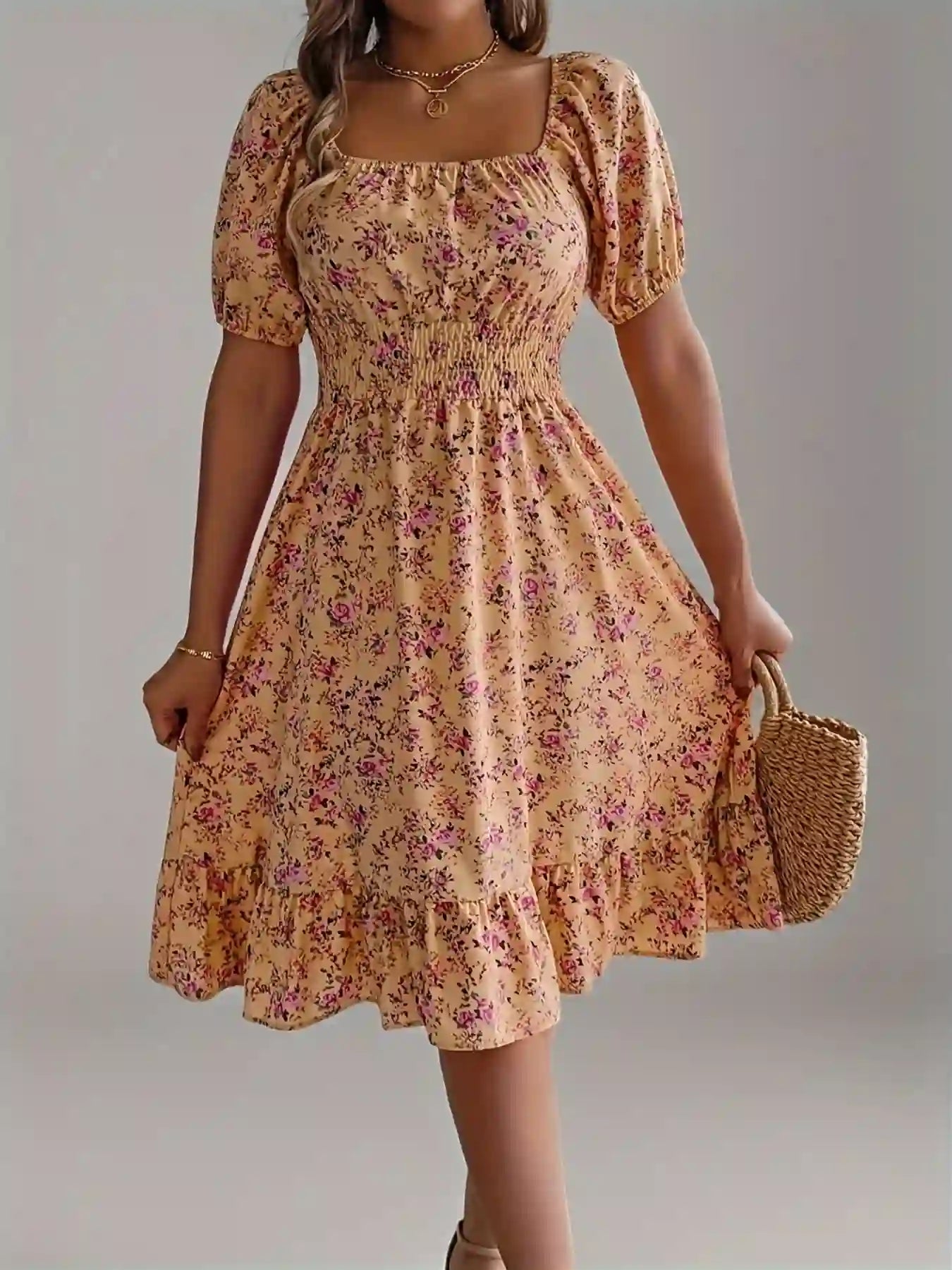 Short Sleeve Floral Midi Dress Yellow