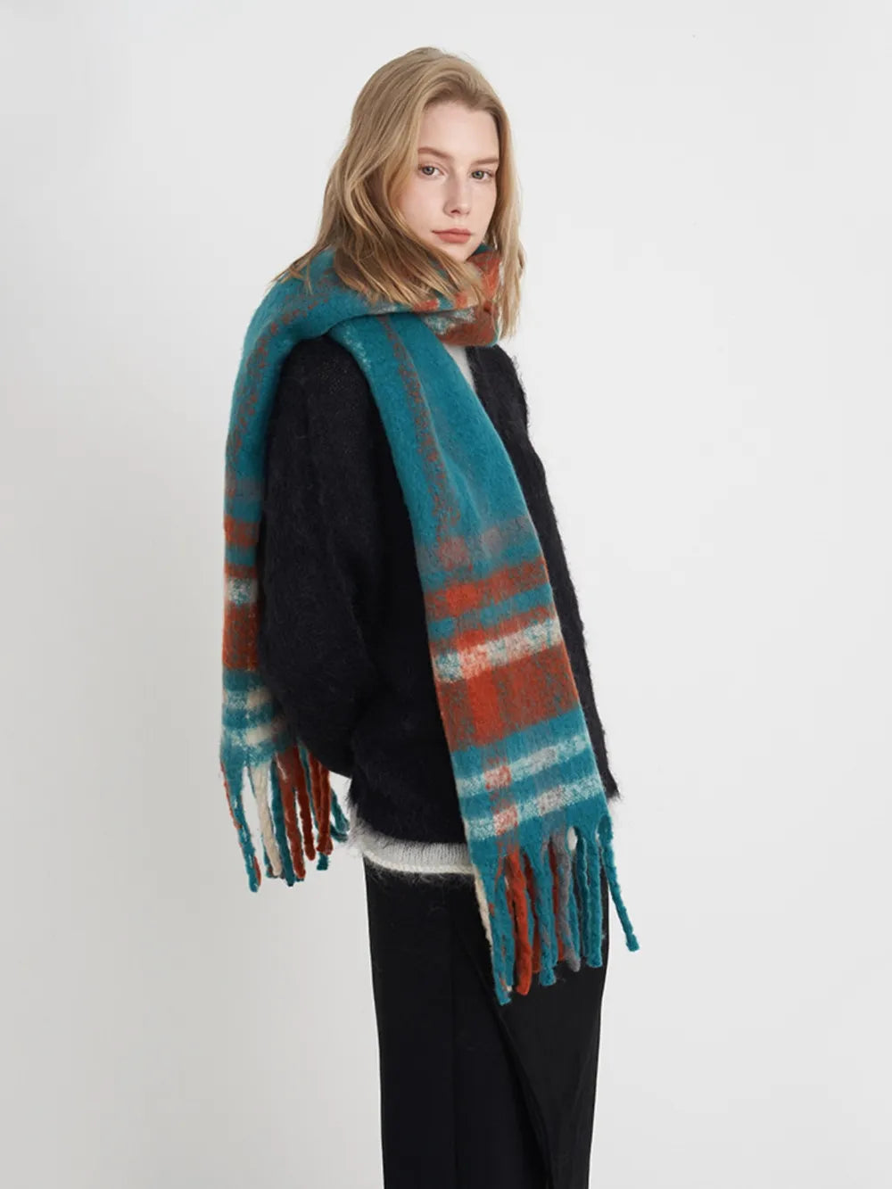 Women Plaid Fringe Scarf