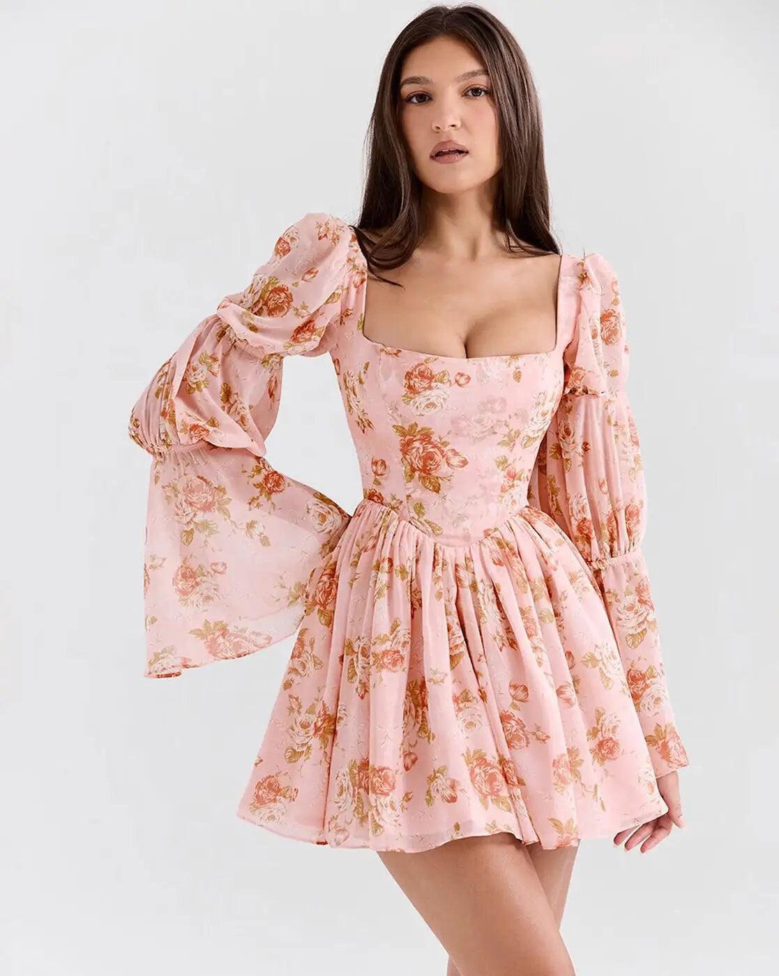 Pink Mini Floral Dress Long Sleeve Pink