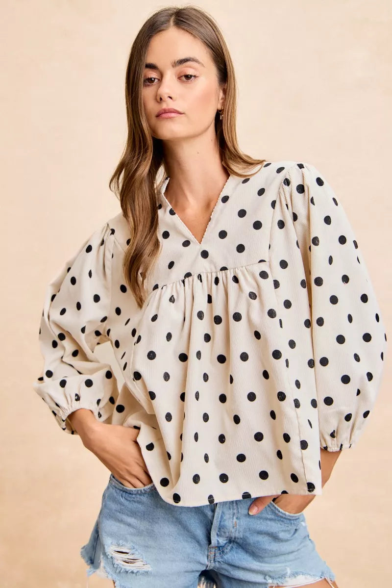 Polka Dot Corduroy Quarter Sleeves Blouse
