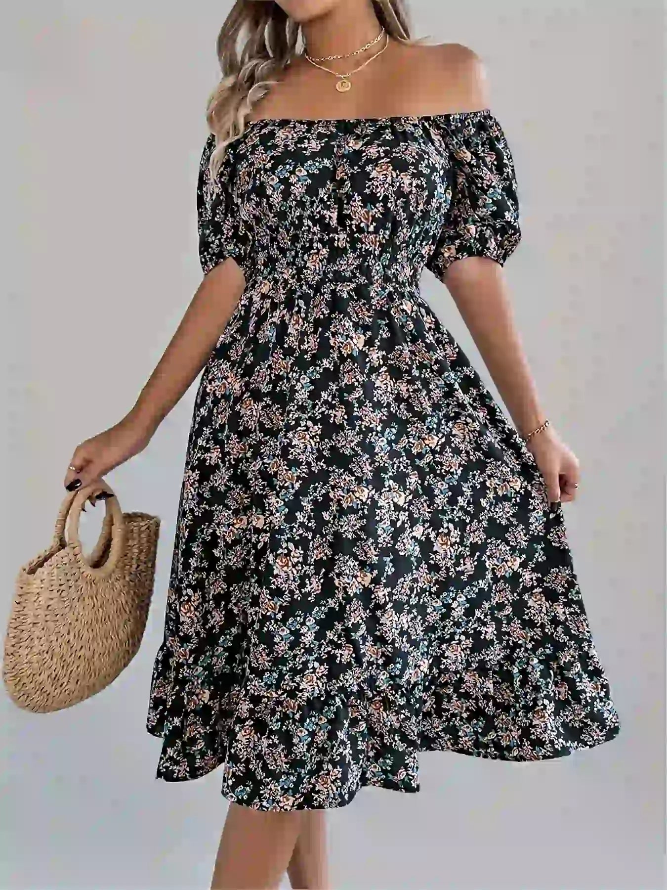 Short Sleeve Floral Midi Dress Black