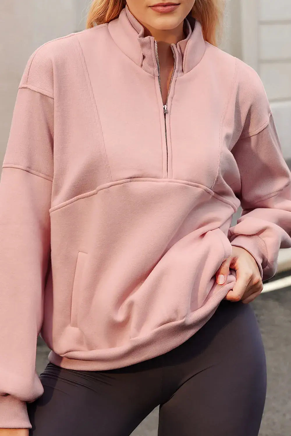 Half Zip Drop Shoulder Sweatshirt Pale Blush