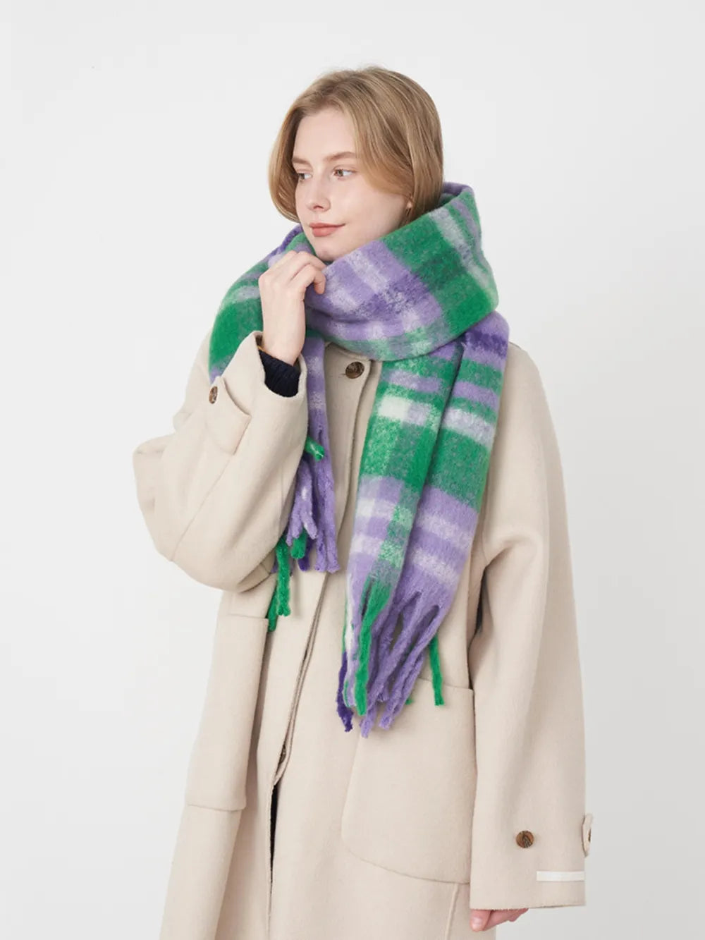 Women Plaid Fringe Scarf