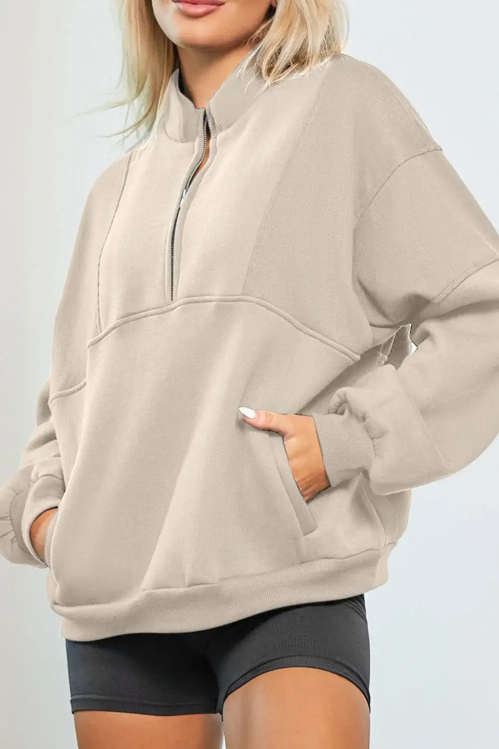 Half Zip Drop Shoulder Sweatshirt Beige