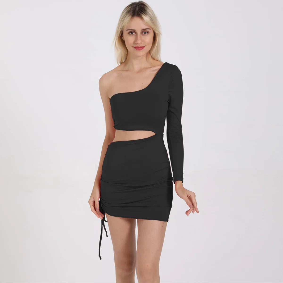 One Shoulder Long Sleeve Mini Dress Black