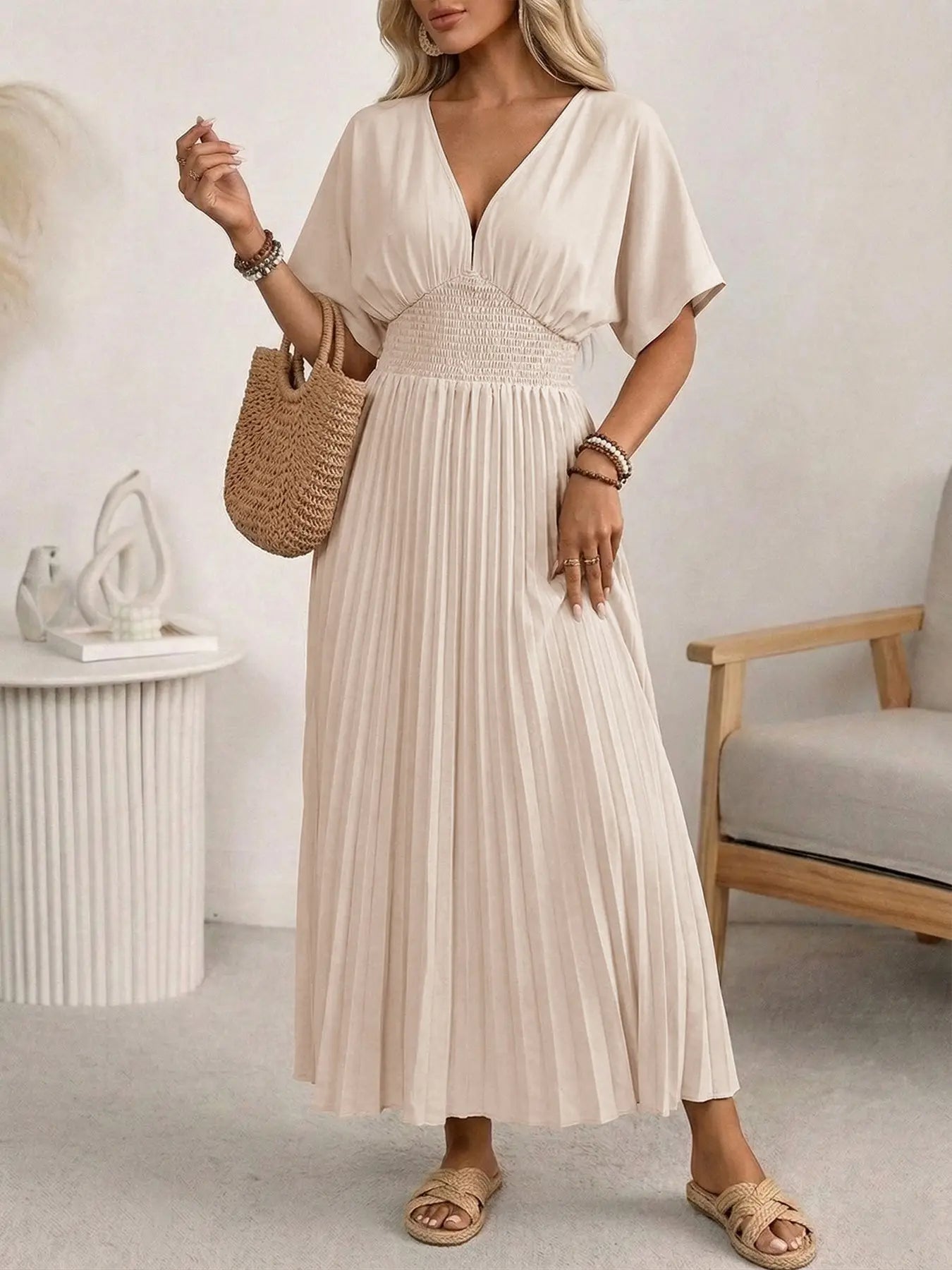 Pleated Short Sleeve Dress