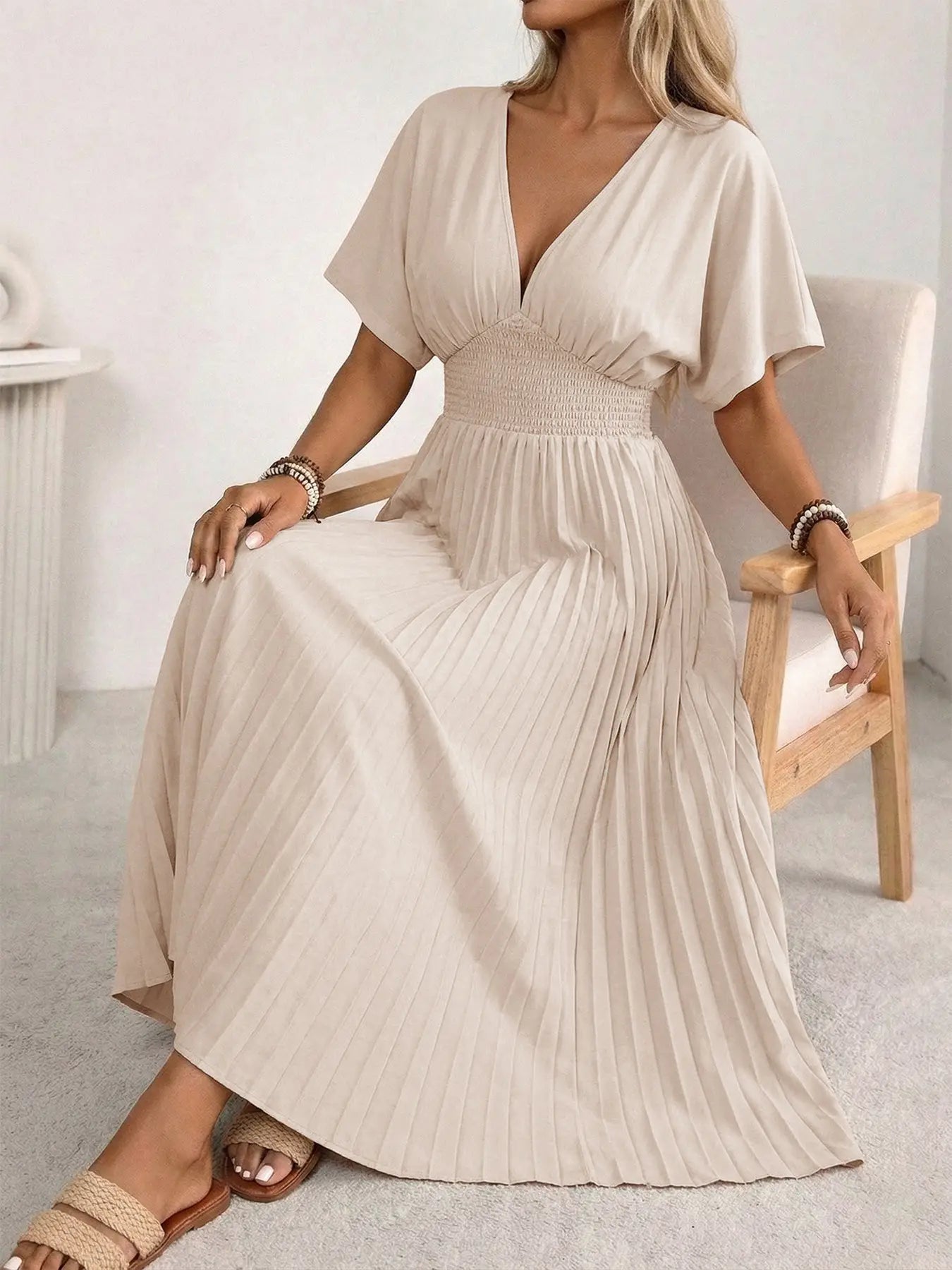 Pleated Short Sleeve Dress