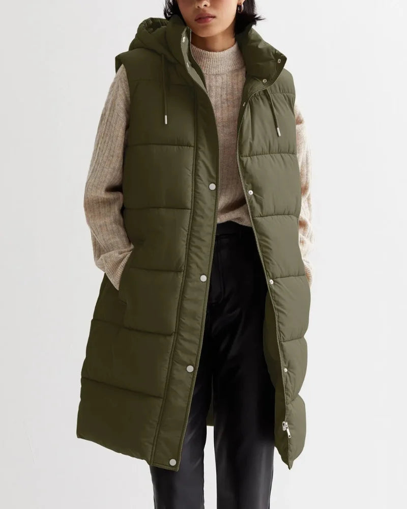 Womens Long Puffer Vest With Hood