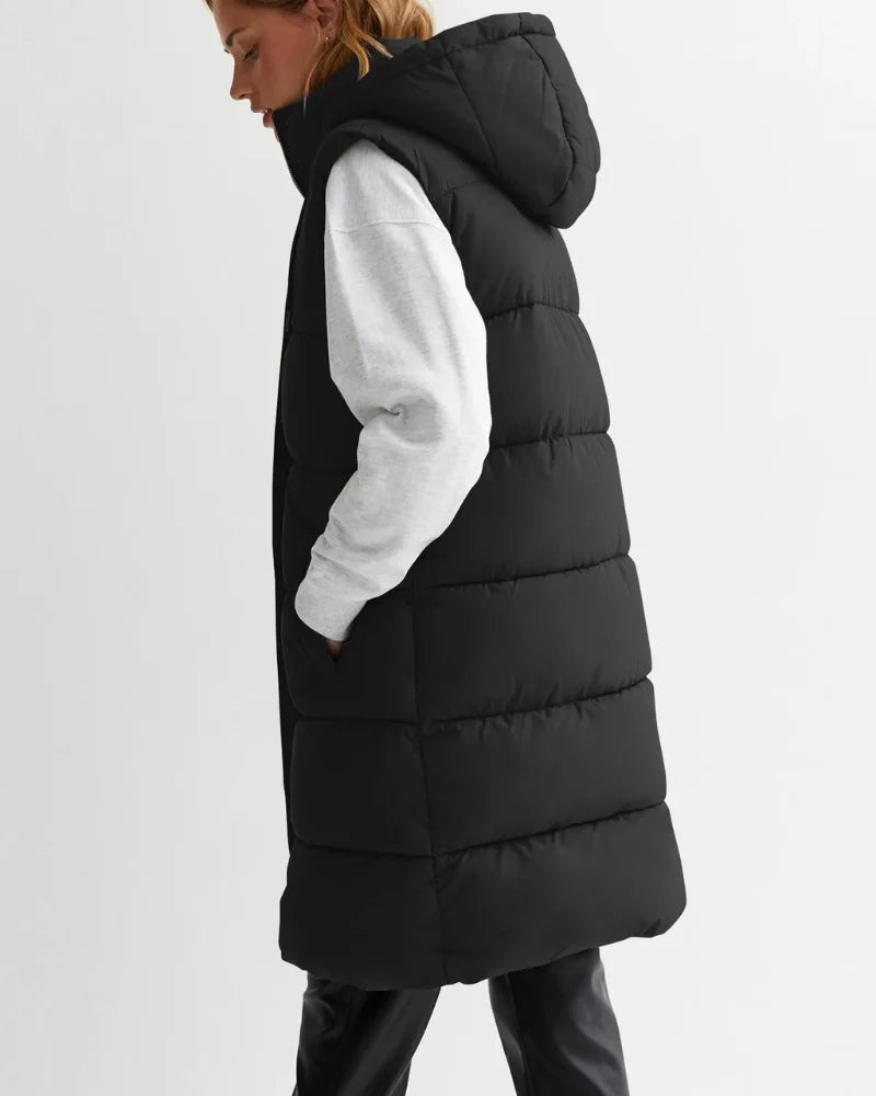 Womens Long Puffer Vest With Hood