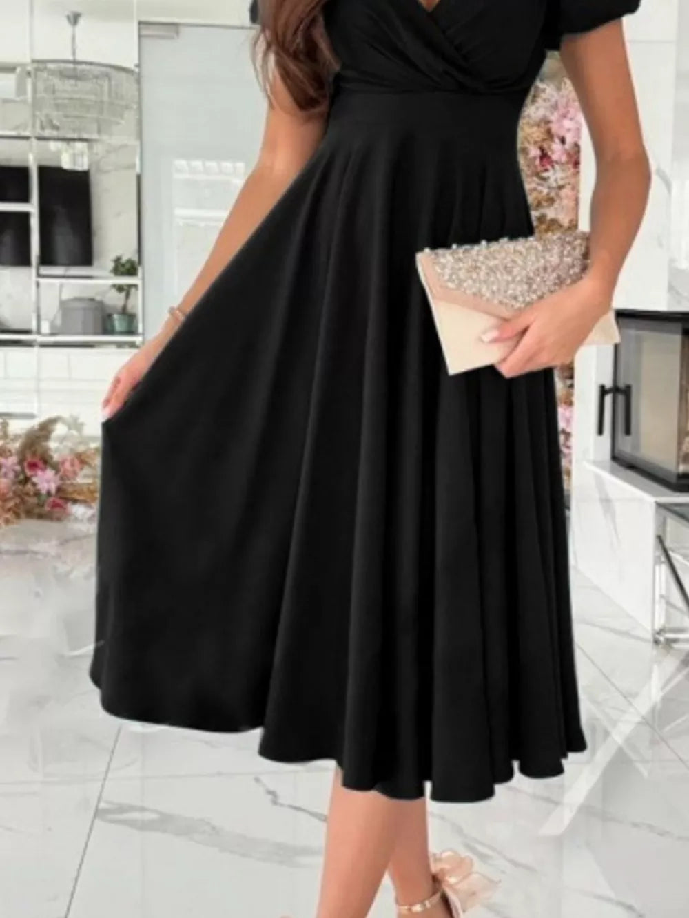 Surplice Short Sleeve Midi Dress