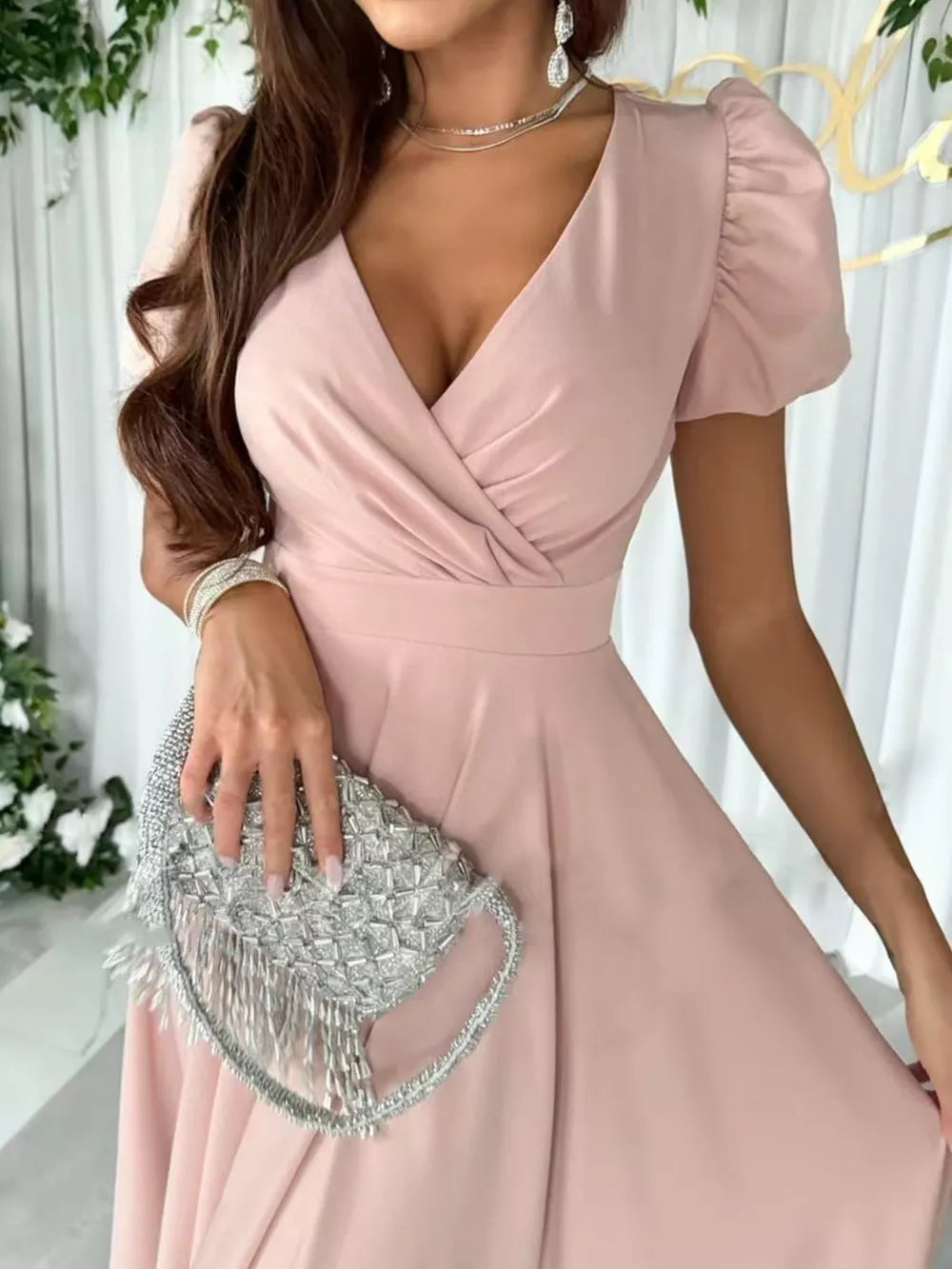 Surplice Short Sleeve Midi Dress