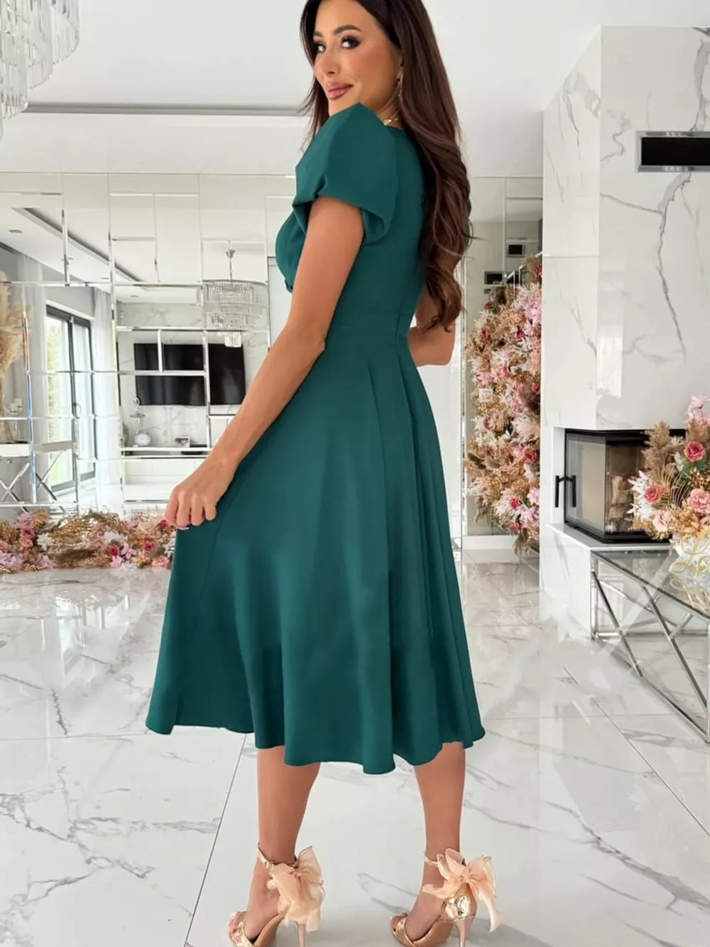 Surplice Short Sleeve Midi Dress