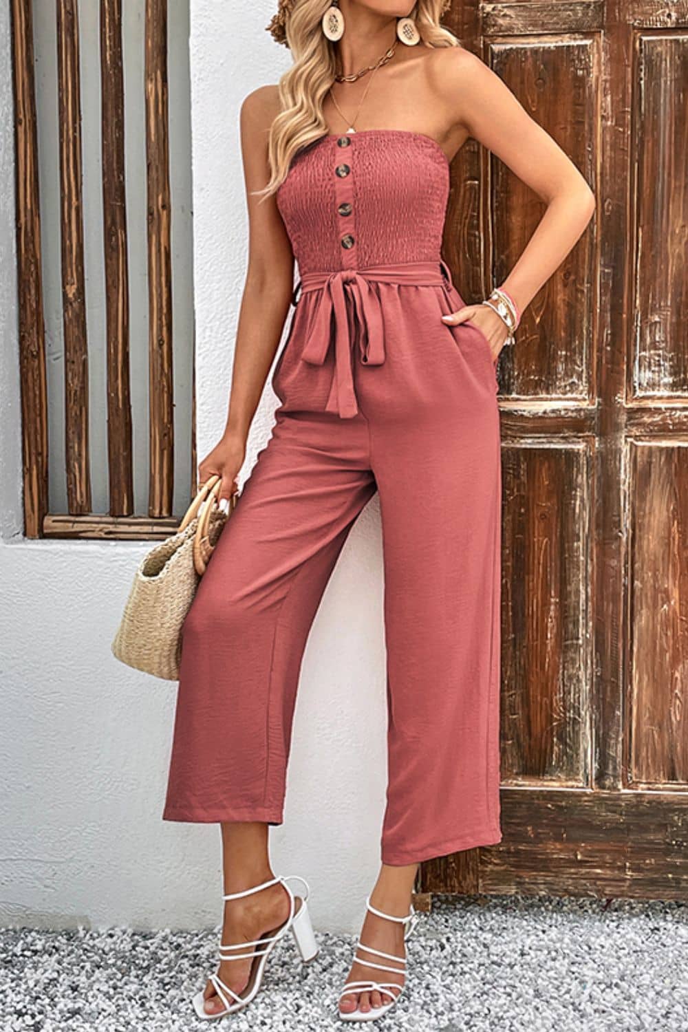 Women Smocked Strapless Jumpsuit