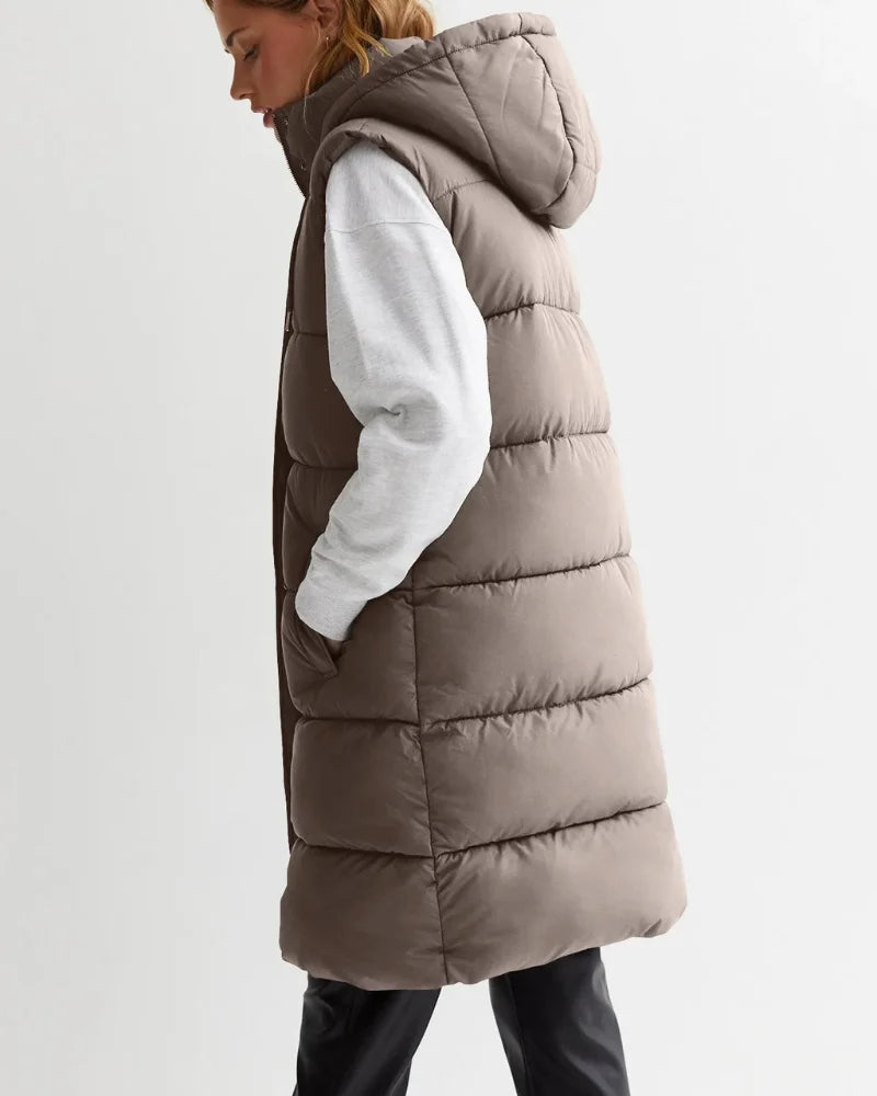Womens Long Puffer Vest With Hood