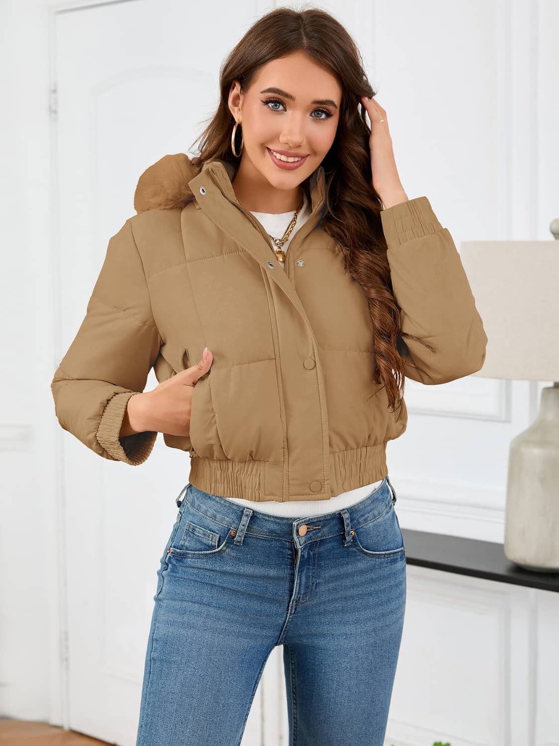 Crop Puffer Jacket With Fur Hood Khaki