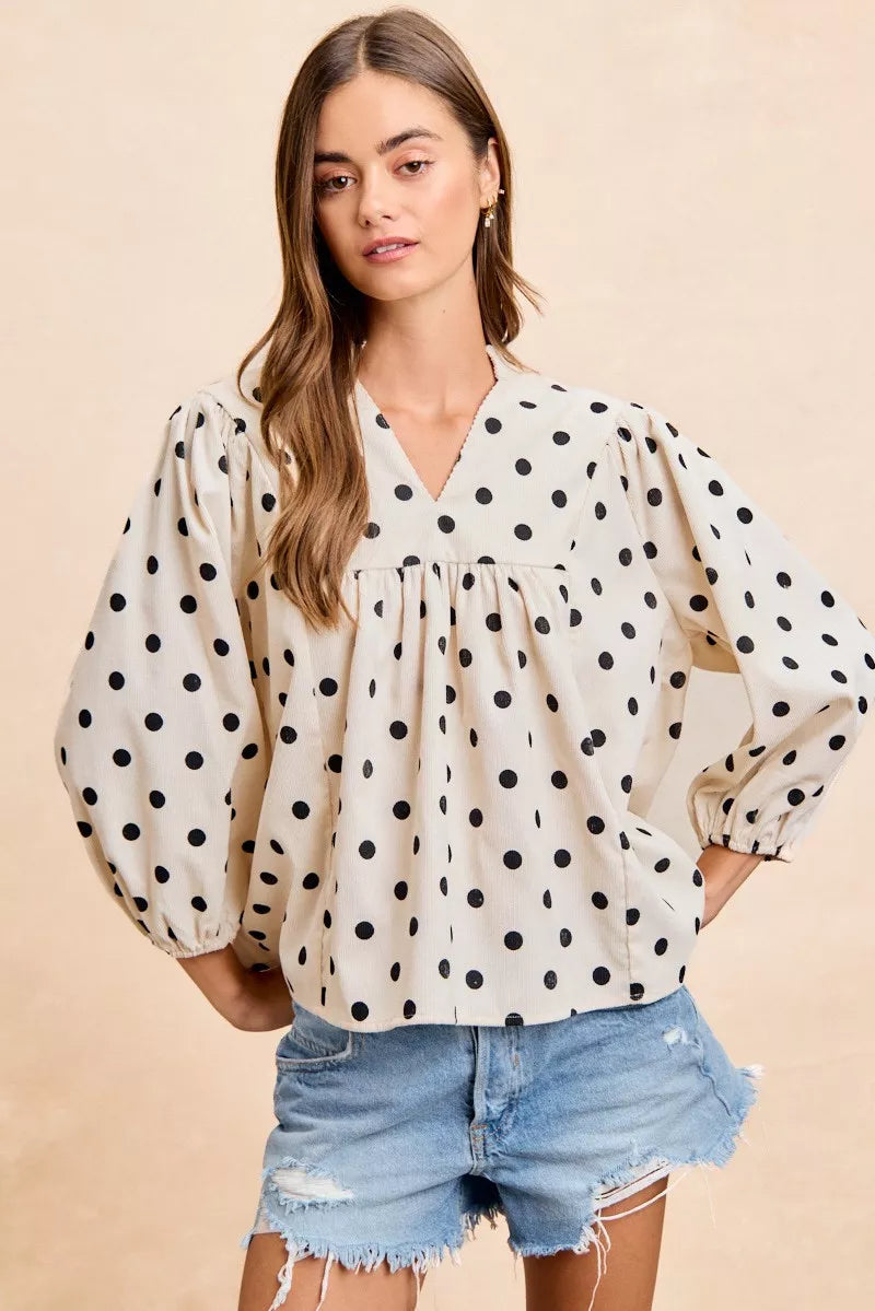 Polka Dot Corduroy Quarter Sleeves Blouse