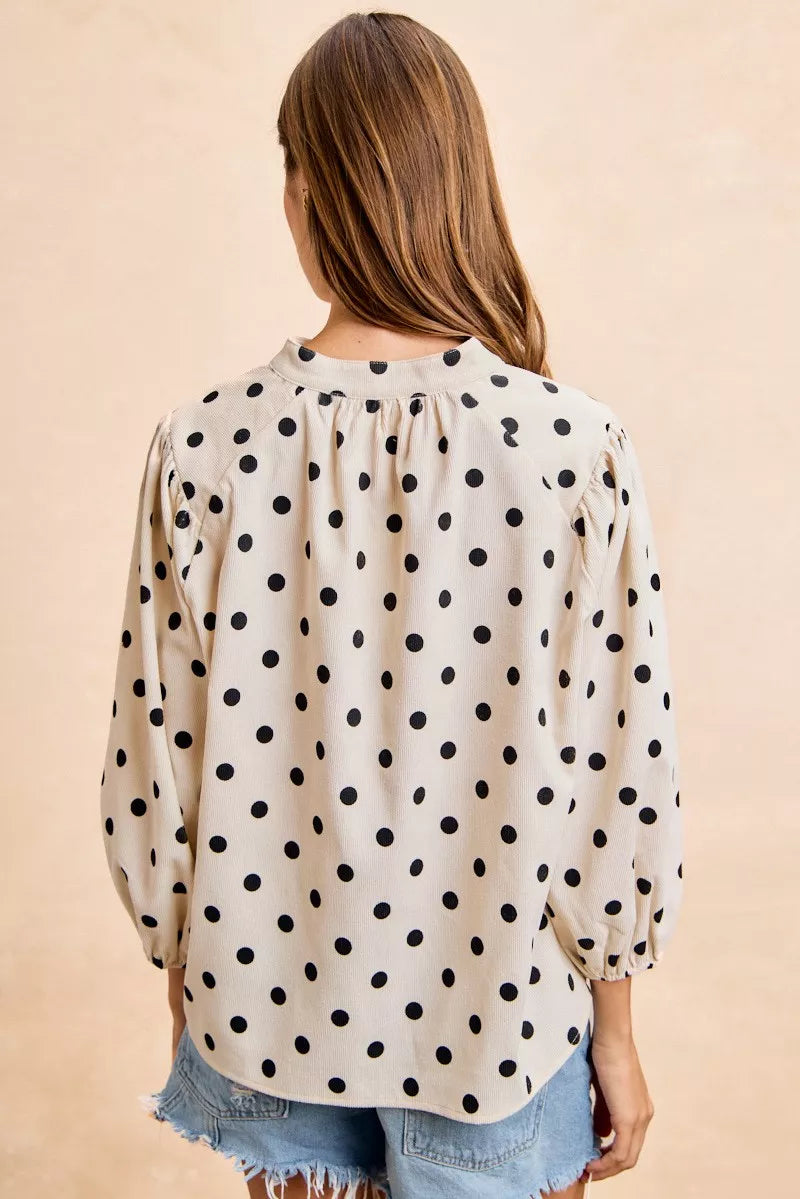 Polka Dot Corduroy Quarter Sleeves Blouse