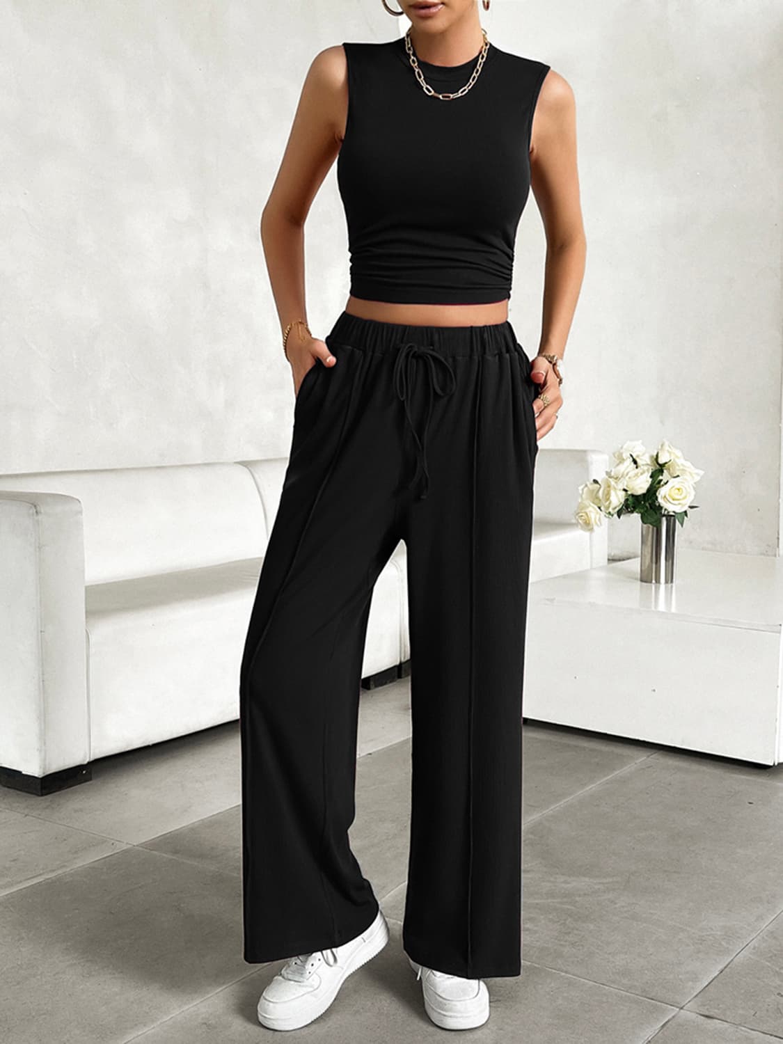 women's two piece pants sets casual black