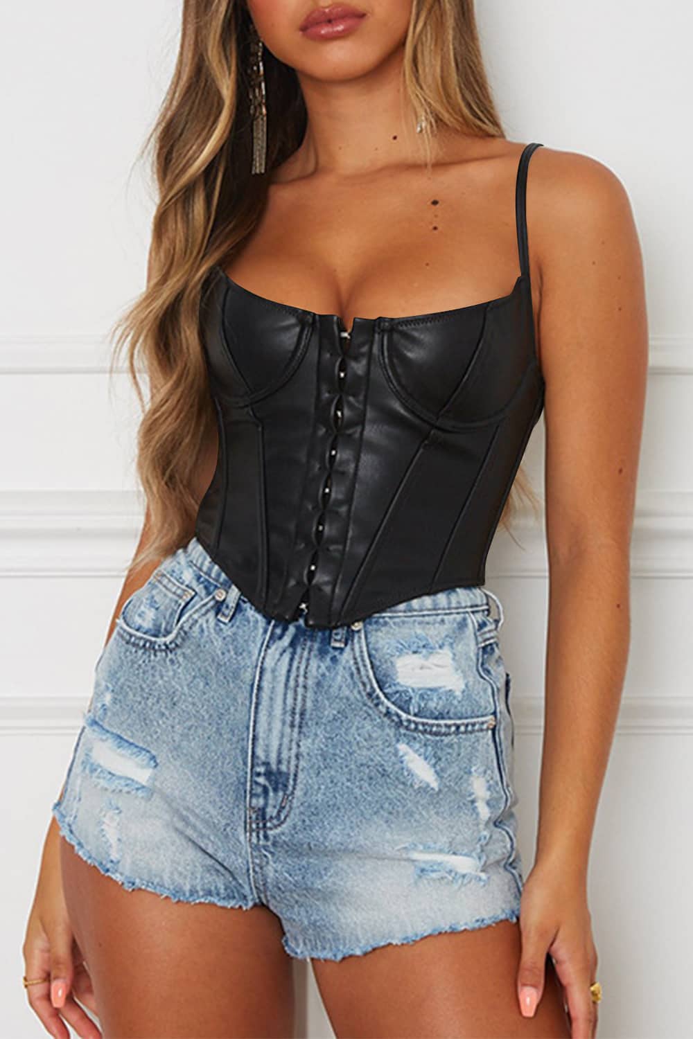 leather corset top with straps Black