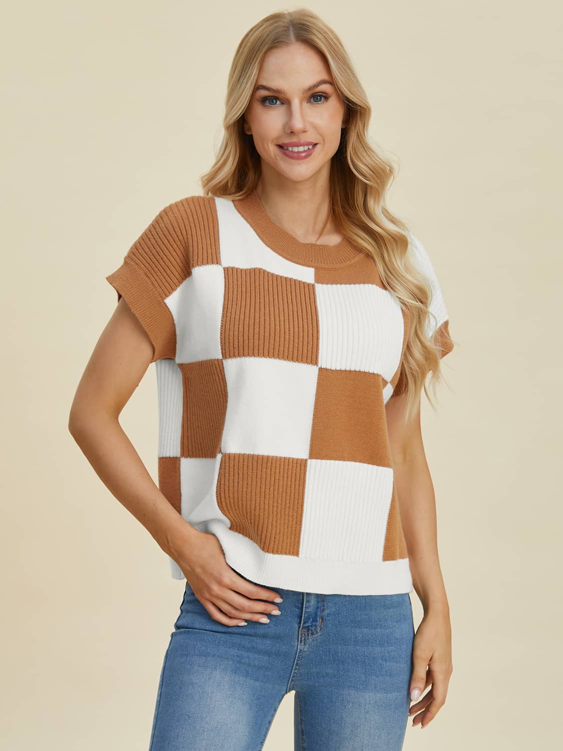 short sleeve sweater top Camel