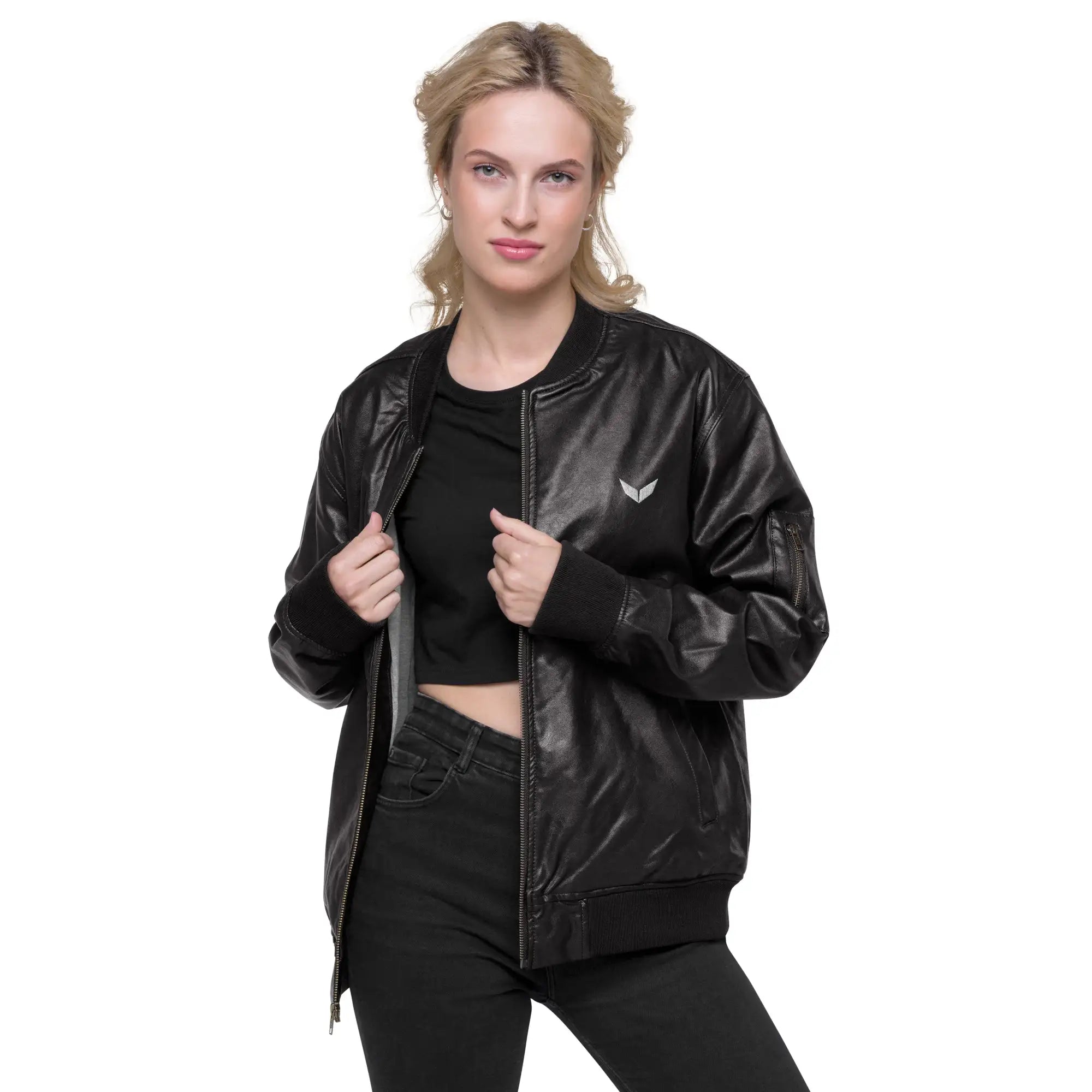 Black Leather Bomber Jacket Women​