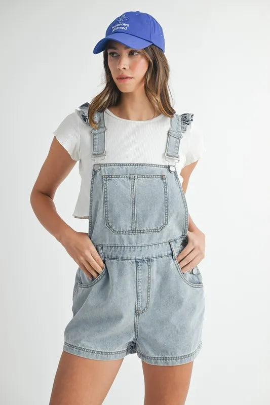 women's short denim overalls Light Blue