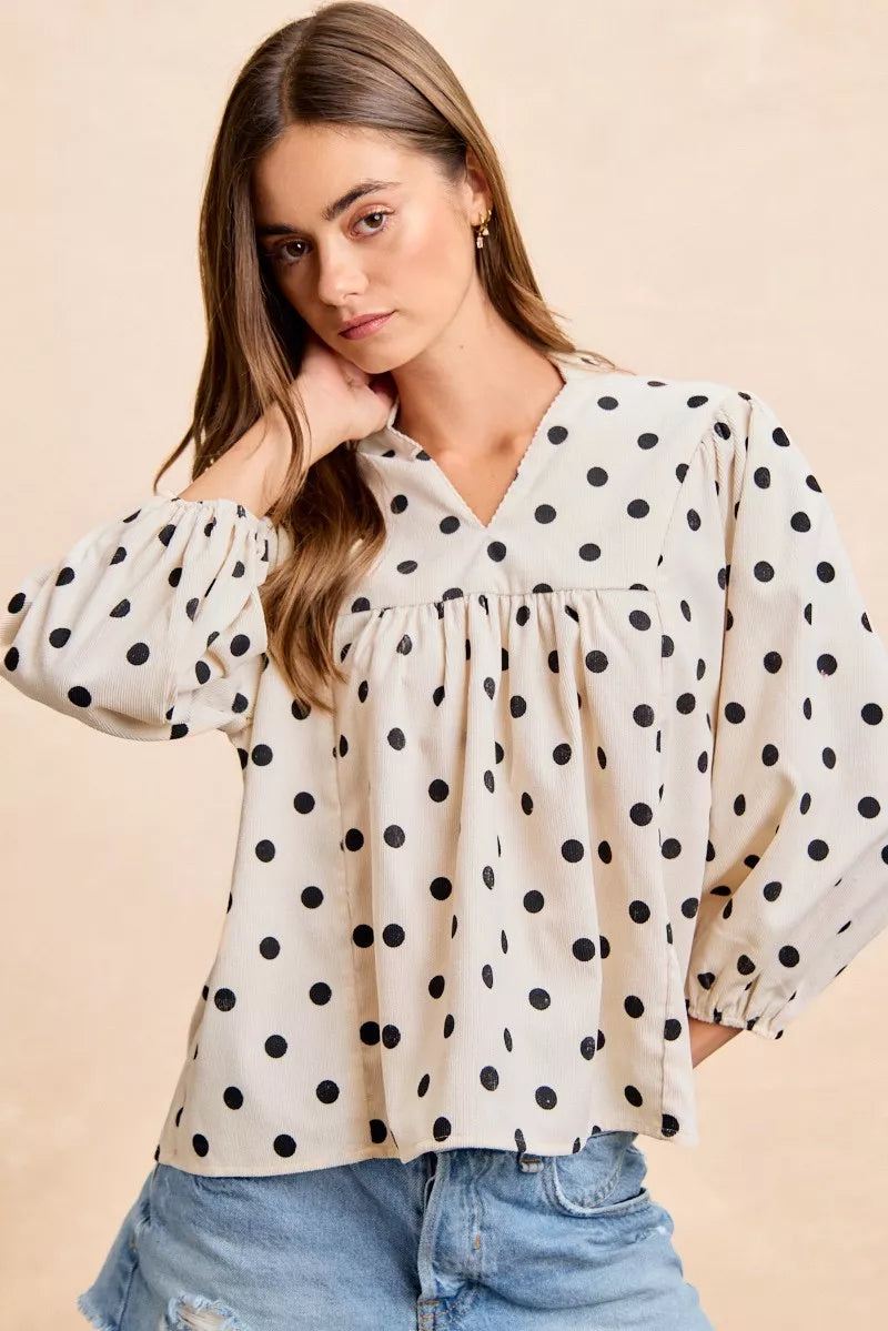 Polka Dot Corduroy Quarter Sleeves Blouse