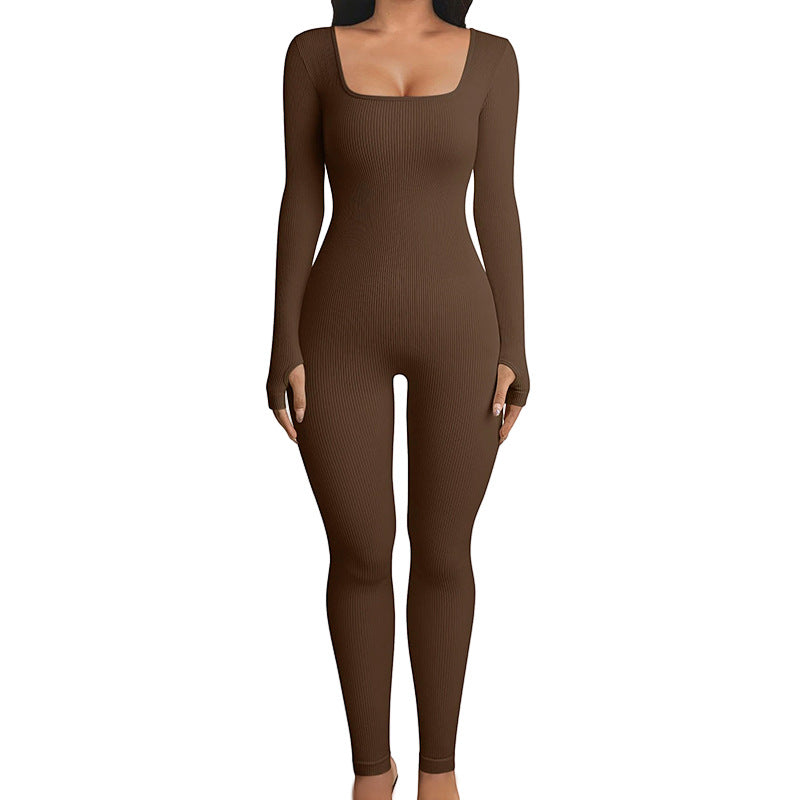 Long Sleeve Workout Jumpsuit Brown