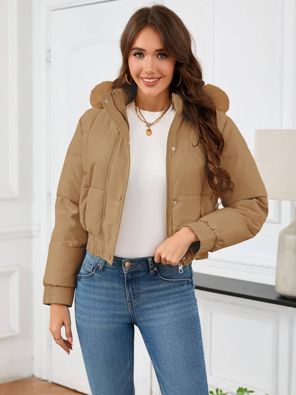 Crop Puffer Jacket With Fur Hood
