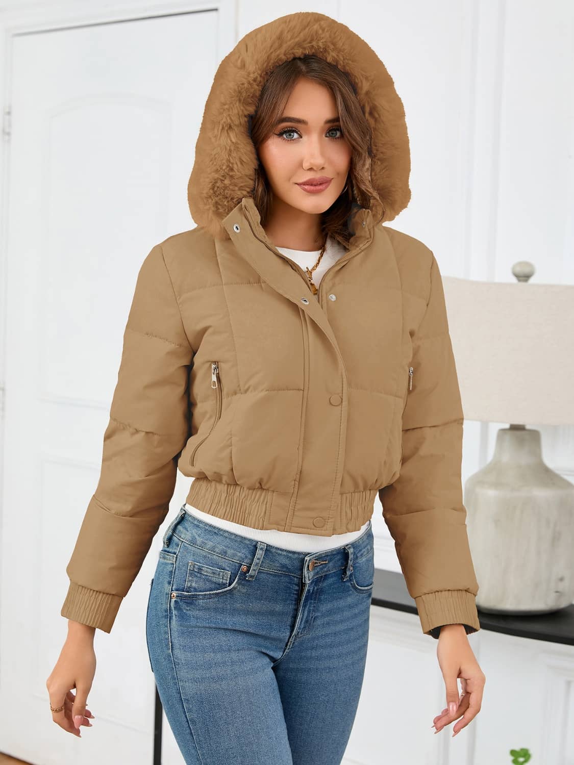 Crop Puffer Jacket With Fur Hood