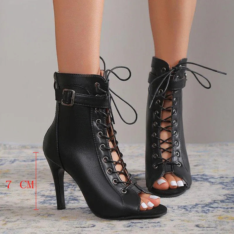 Women Black Lace Up Heeled Sandals