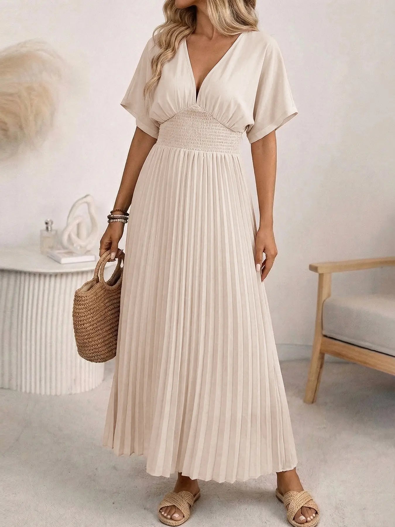 Pleated Short Sleeve Dress