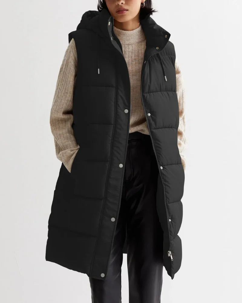 Womens Long Puffer Vest With Hood
