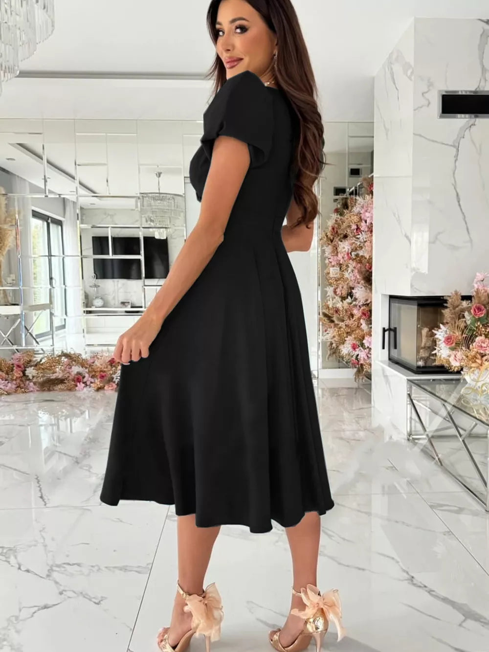 Surplice Short Sleeve Midi Dress