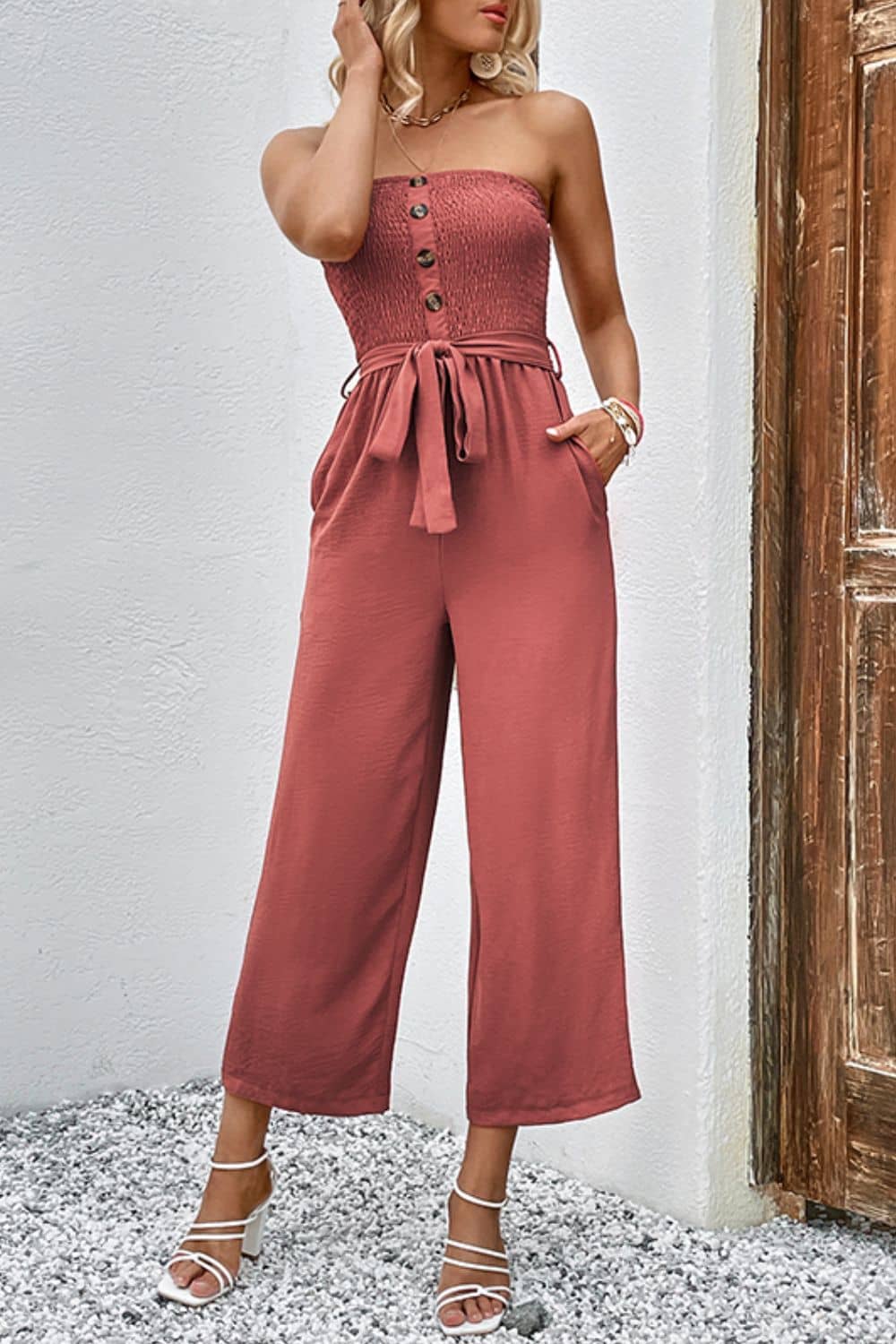 Women Smocked Strapless Jumpsuit