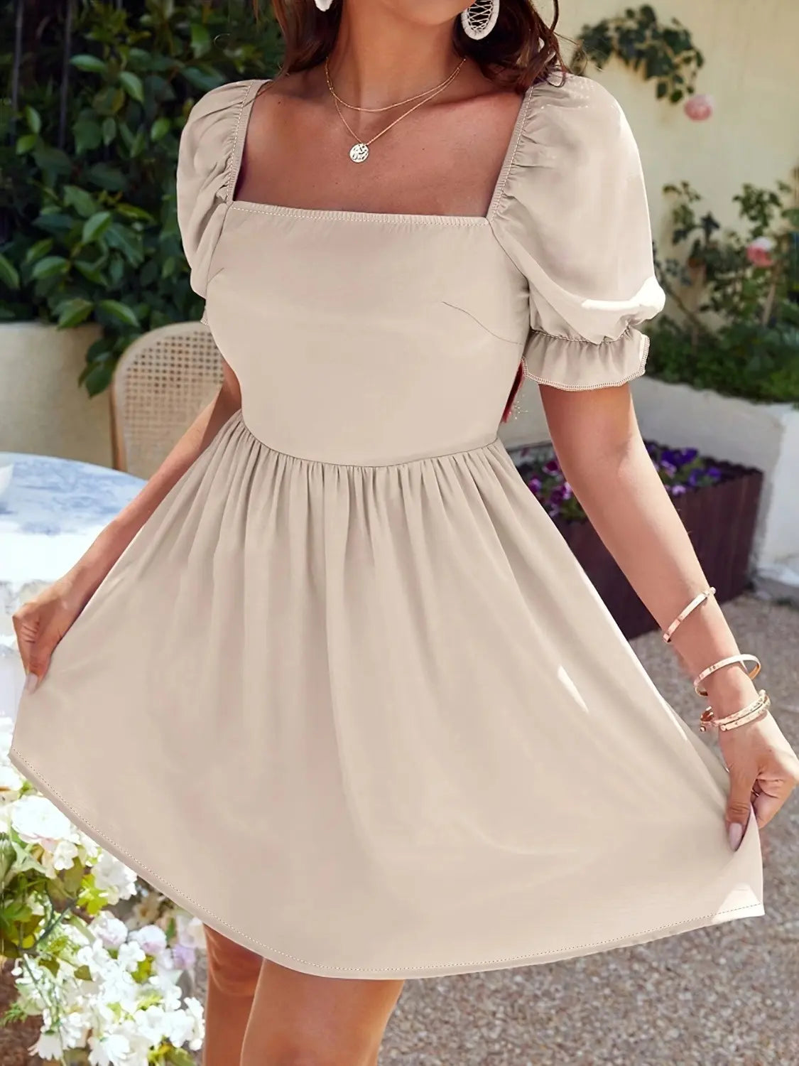 Square Neck Babydoll Dress Beige