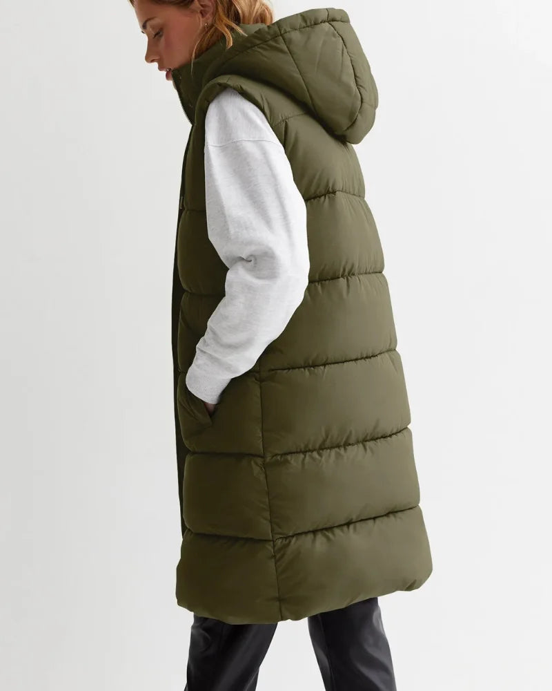 Womens Long Puffer Vest With Hood