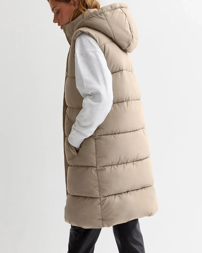 Womens Long Puffer Vest With Hood