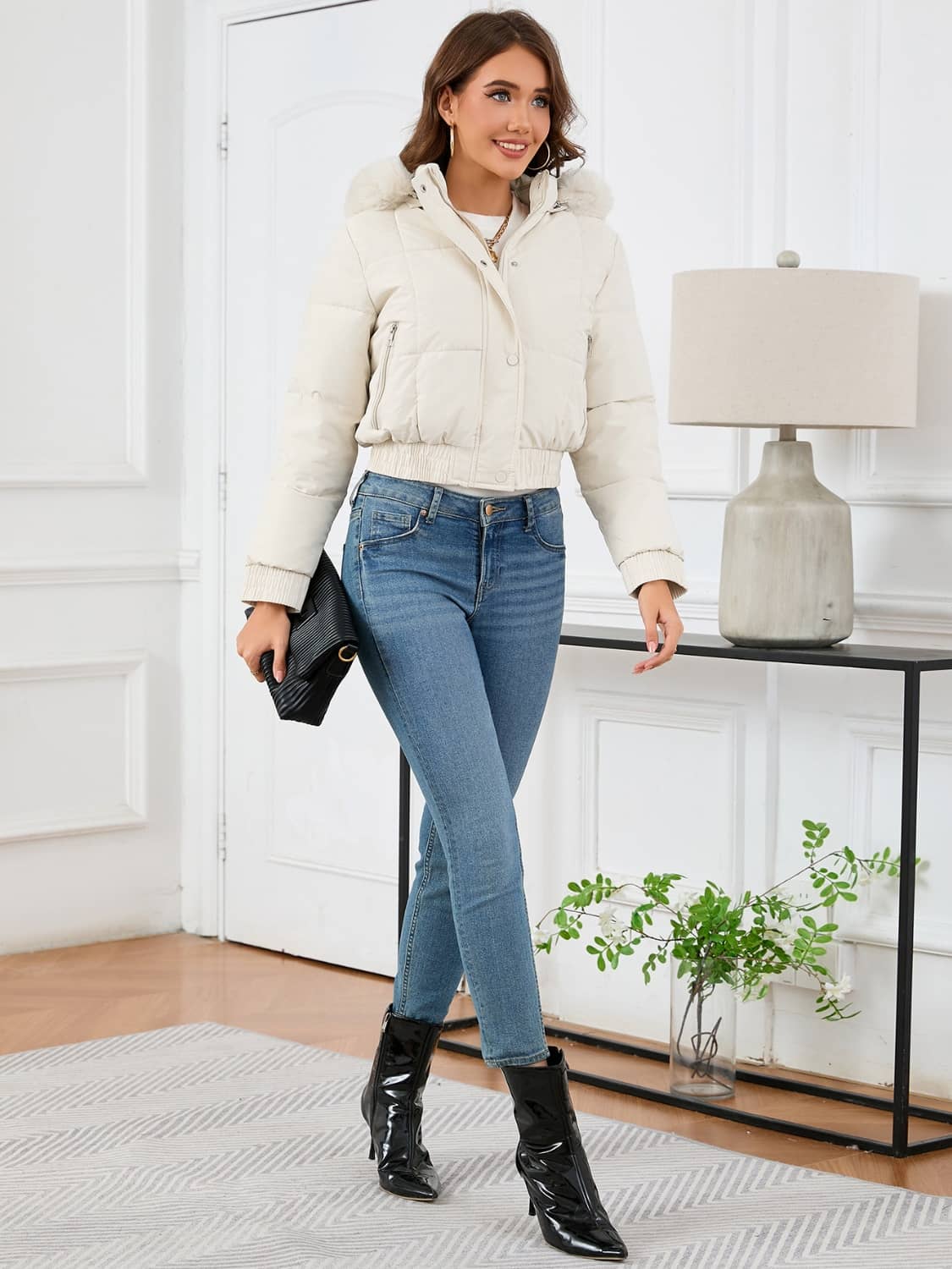 Crop Puffer Jacket With Fur Hood