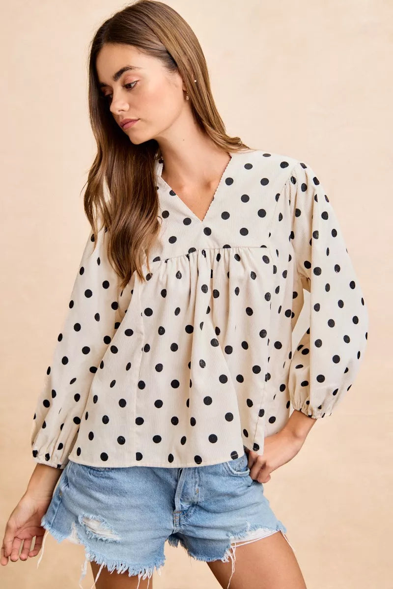 Polka Dot Corduroy Quarter Sleeves Blouse