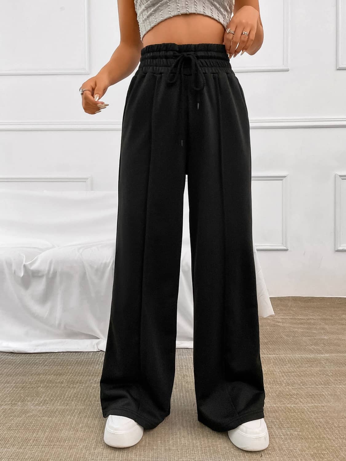 elastic waist wide leg trousers Black
