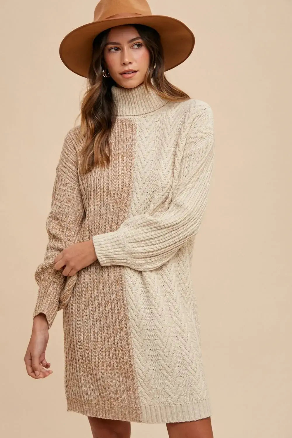 long sleeve turtle neck sweater dress Taupe